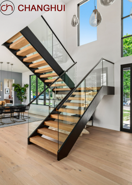 Hot Sale Solid Wood Straight Ladder Double Beam Glass Guardrail Staircase Design