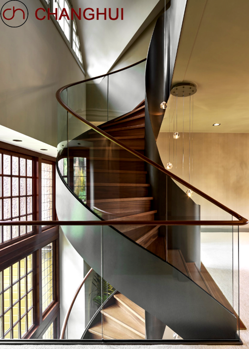 Rotating Curved Glass Railing Wooden Steps Stairs