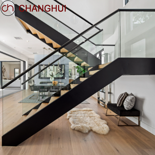 Hot Sale Solid Wood Straight Ladder Double Beam Glass Guardrail Staircase Design
