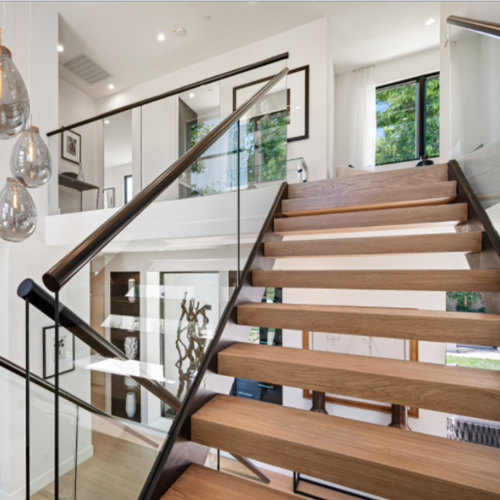 Hot Sale Solid Wood Straight Ladder Double Beam Glass Guardrail Staircase Design